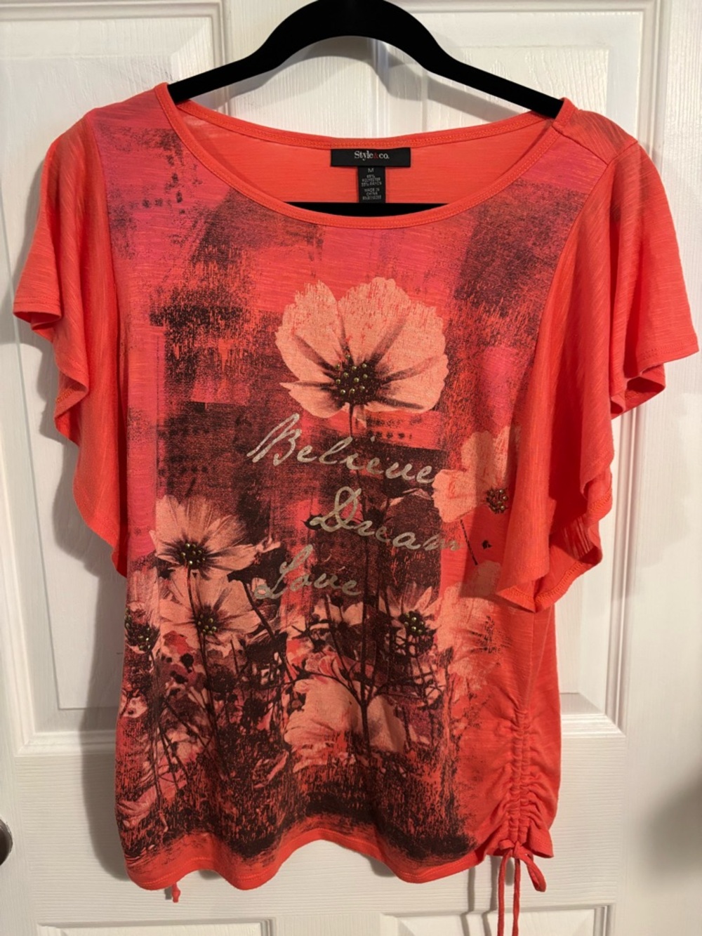 😍Style & Co. Graphic Coral Floral Top with Side Tie Size Medium